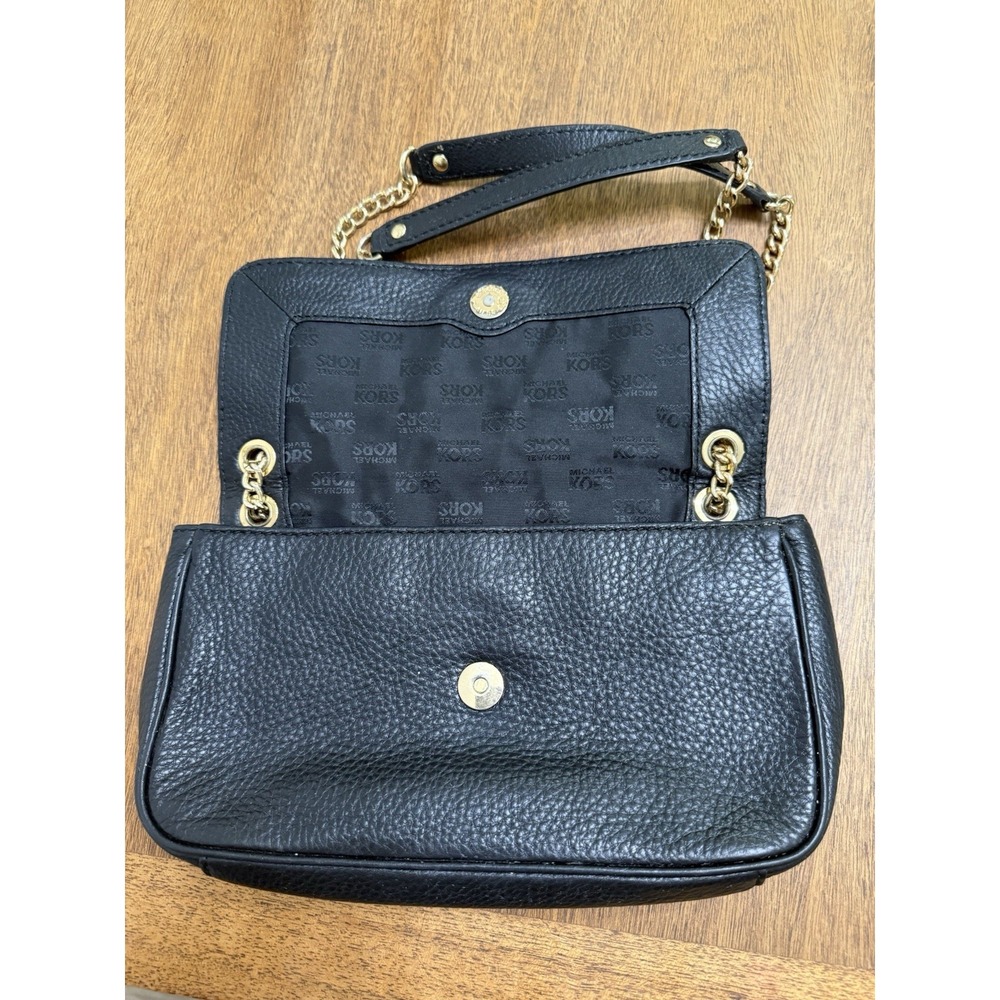 Michael Kors Fulton Flap Black Leather Shoulder Bag Pebbled Gold Chain Strap - Picture 5 of 9